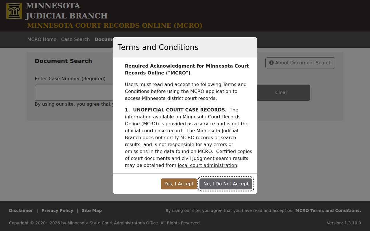 Case number document search form used after a Pine County warrant records lookup
