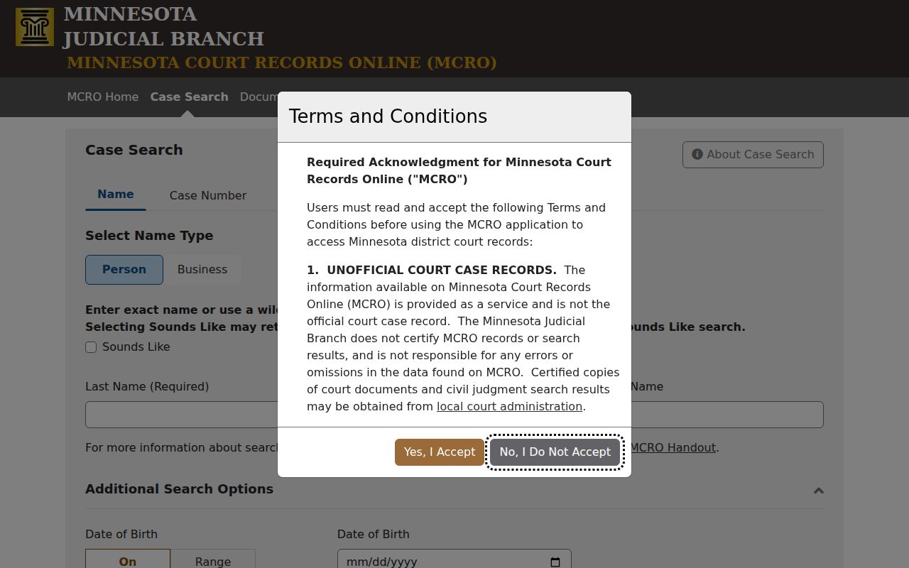 Name, case, citation, and attorney tabs on the state case search used for Pine County warrant records