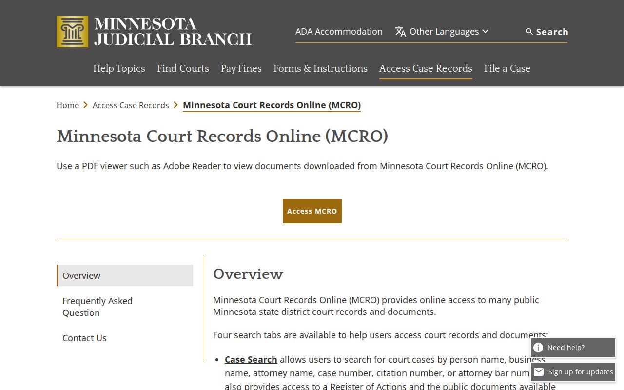 State guidance on public access to court records for Pine County warrant records searches