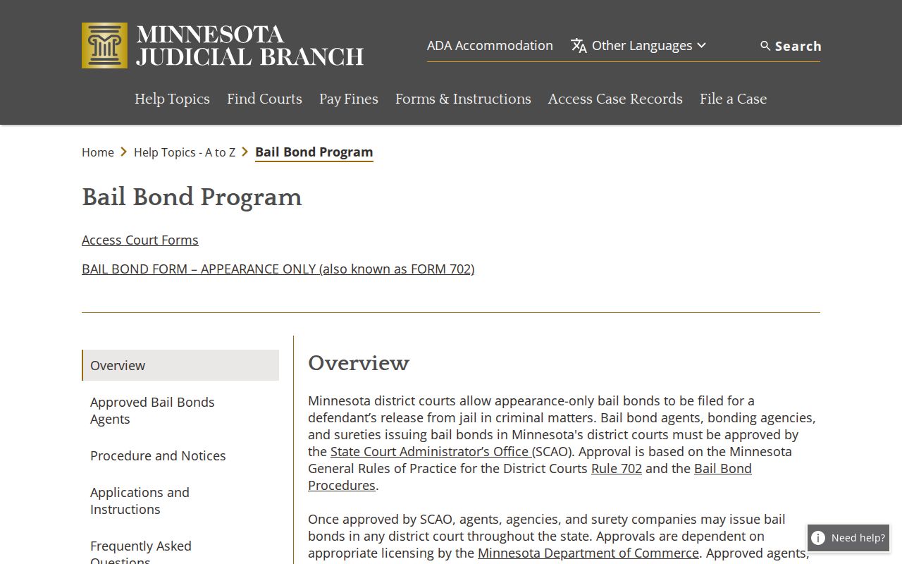 Appearance-only bond program information for Pine County bench warrant resolution