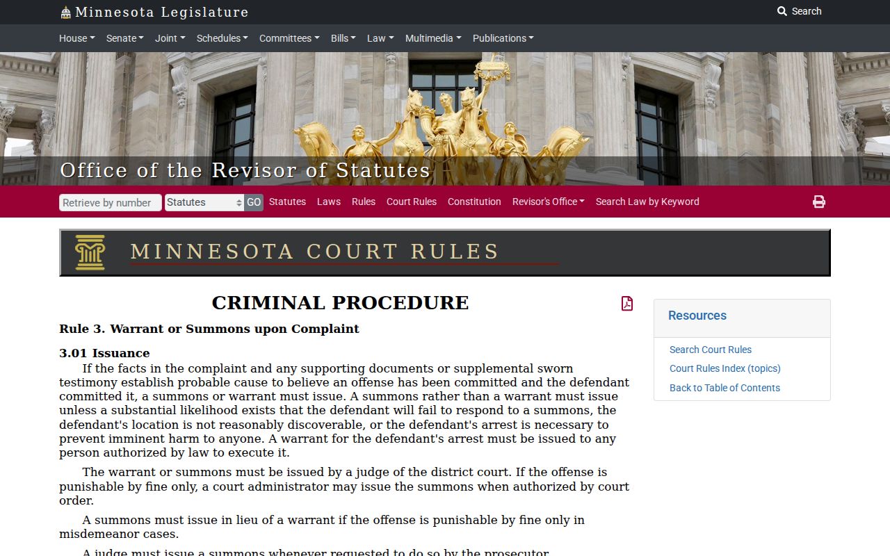 Minnesota Criminal Procedure Rule 3 text governing Pine County arrest warrant issuance