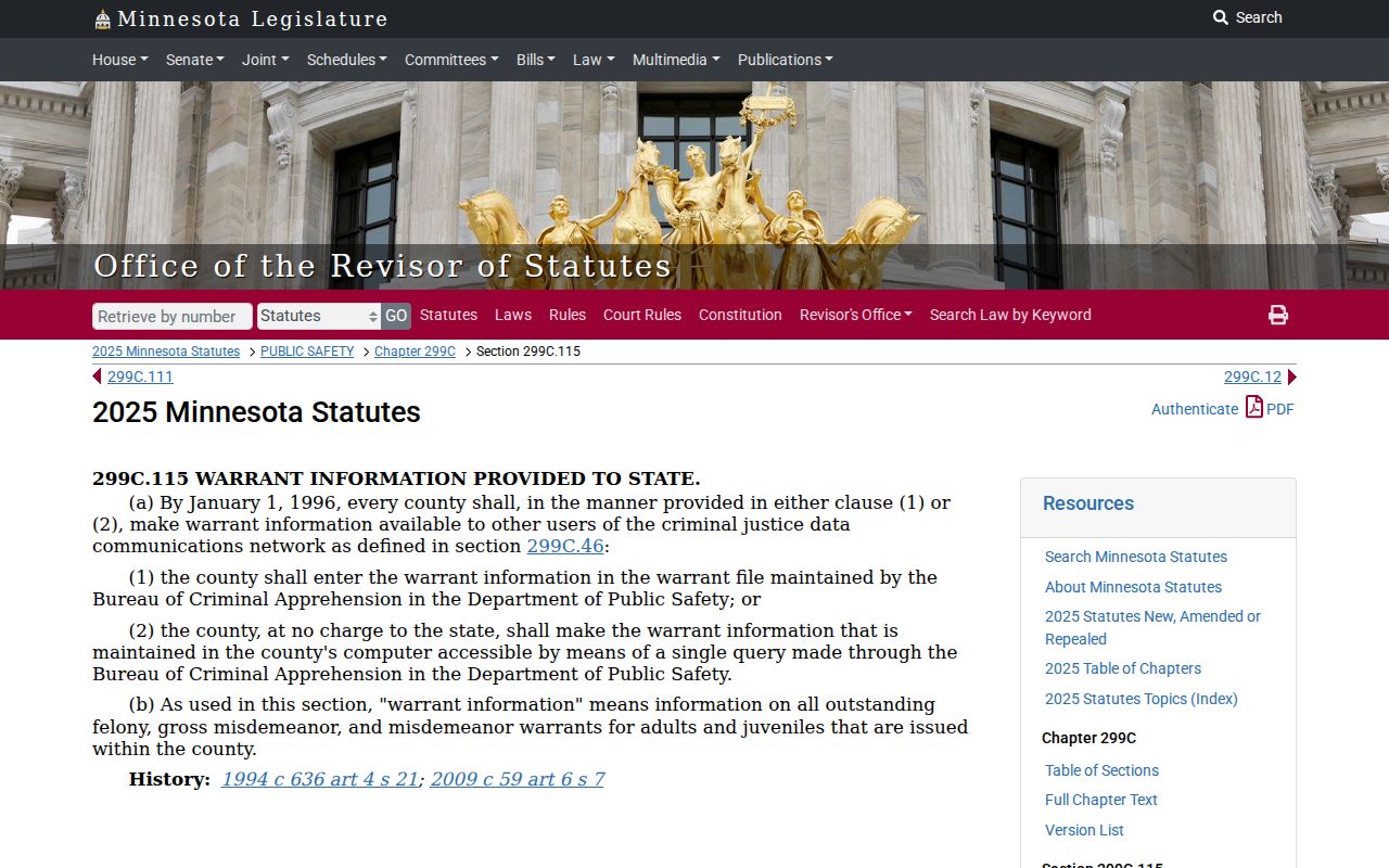 Minnesota statute requiring county warrant data on the law-enforcement network for Pine County arrest warrants