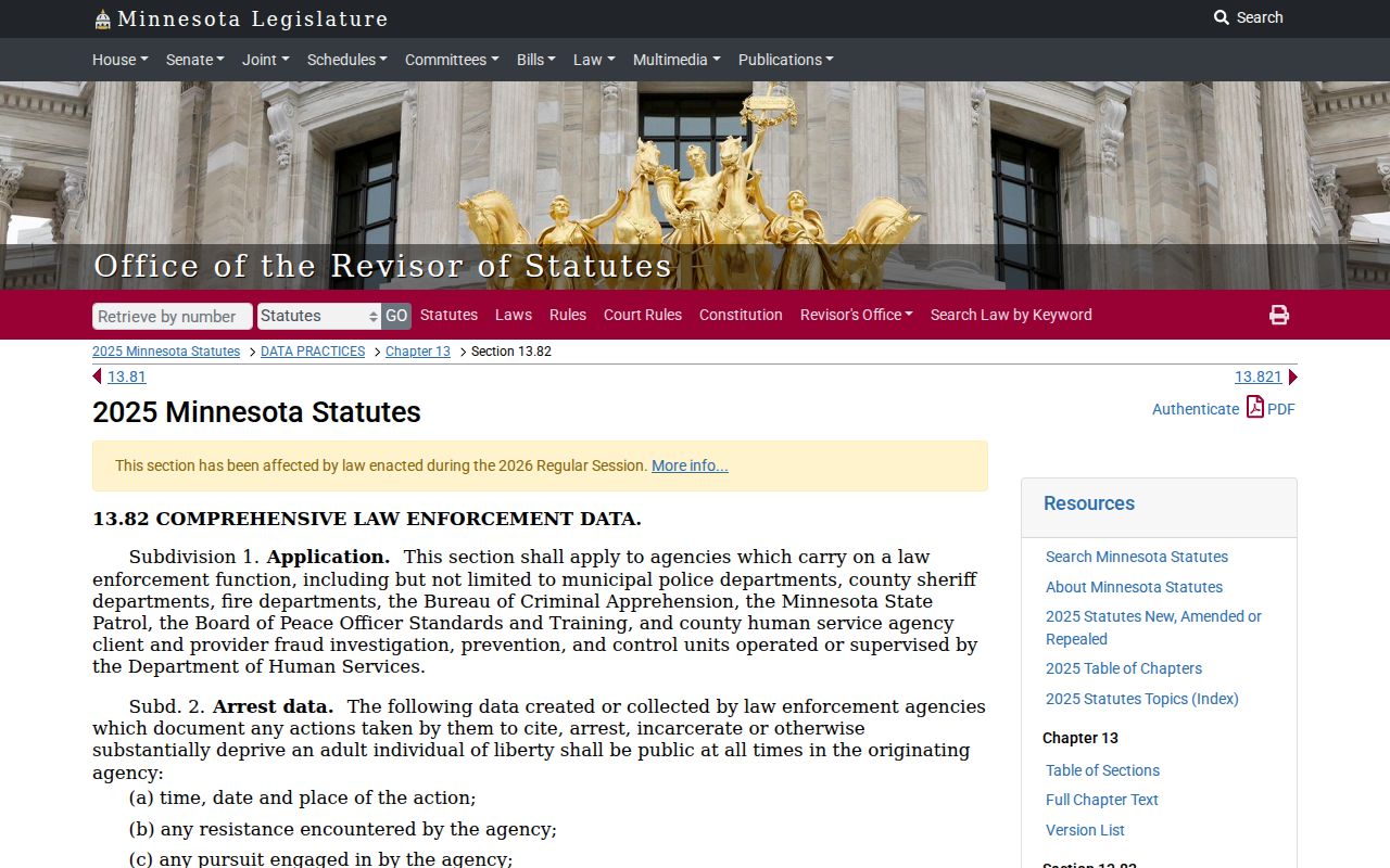 Minnesota statute on warrant index confidentiality affecting Pine County arrest warrant searches