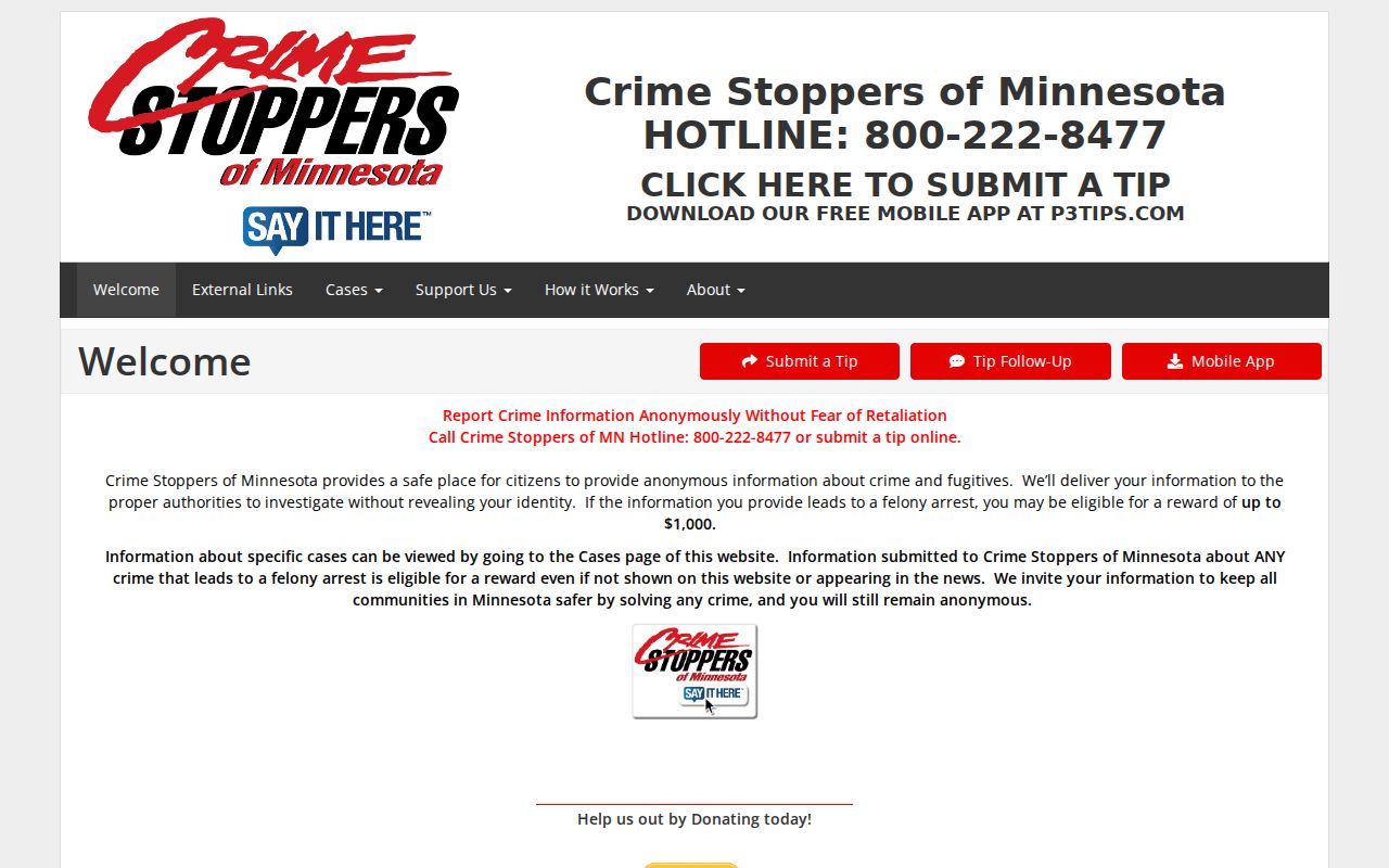 Anonymous hotline banner for Pine County most wanted tip reporting
