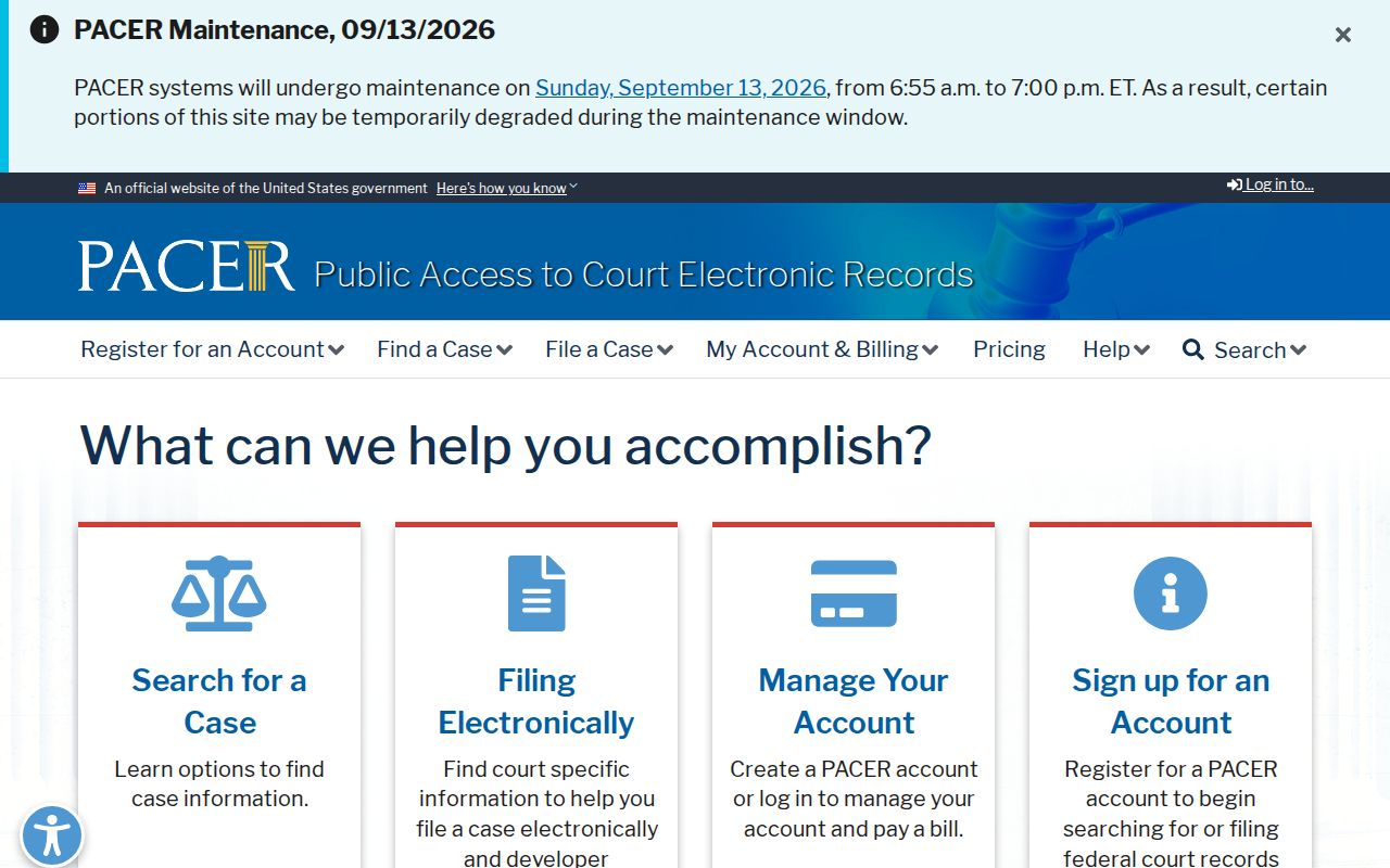 Federal PACER search and account screen used for federal warrants outside Pine County warrant records