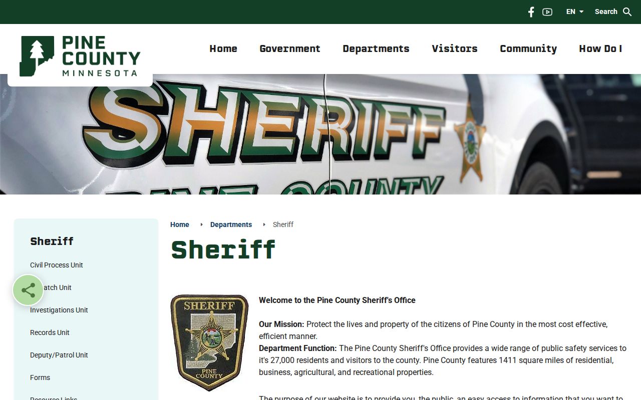 Pine County Sheriff navigation showing the Records Unit and Pine County warrant records links